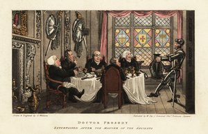 Turistas ingleses cenando en una sala medieval en Escocia