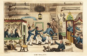 Johnny Newcome bebiendo grog en la cabina con otros guardiamarinas de Charles Williams