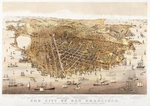 La ciudad de San Francisco, vista aérea desde la bahía mirando al suroeste, publicada por Currier & Ives de Charles Richard Parsons