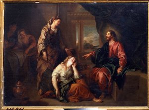 ""Cristo en Marta y María"" (Cristo en la Casa de Marta y María). Santa Marta, discípula de Jesucristo y su hermana María de Betania. Pintura de Charles de La Fosse (1636-1716) Museo Pushkin, Moscú