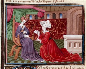 Una sierva que lleva una carta a la reina Iseut (o Isult) Miniatura extraída del "Románico del Caballero Tristán" del maestro Carlos de Maine 1440-1460. Chantilly, Museo del Conde de Charles du Maine Master