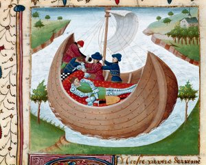 Entierro en el mar Miniatura extraída del "Romano del Caballero Tristán", del Maestro Carlos de Maine 1440-1460. Chantilly, musee Conde - Entierro en el mar de un caballero de la Mesa Redonda - Miniatura tomada del "Roman du Chevalier Tristan", del Maestro