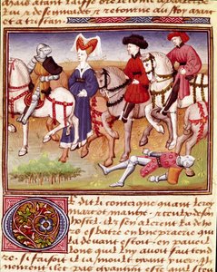 La reina Iseut (o Iseult) es un caballo acompañado de jinetes en miniatura extraído del "Románico del Caballero Tristán" del Maestro Carlos de Maine 1440-1460. Chantilly, Museo del Conde de Charles du Maine Master