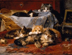 Gatitos junto a una canasta de costura (óleo sobre lienzo)