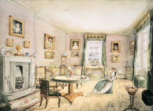 El salón, East Wood, Hay, f54 de un álbum de interiores de Charlotte Bosanquet