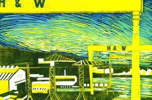 Harland & Wolff Cranes, Belfast, 2022 (linograbado) de Charlotte Orr