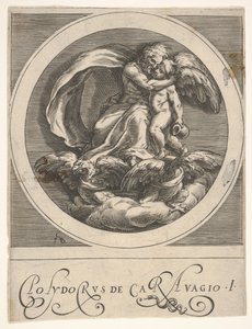 Júpiter, sentado sobre dos águilas y abrazando a Cupido, una composición redonda de una serie, ca. 1590