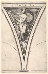 Primavera representada como una mujer con un manto ondeante y guirnaldas de Cherubino Alberti