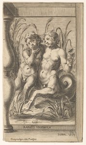 Dos tritones abrazándose, uno tocando una flauta de pan, el segundo sosteniendo una concha, 1579 de Cherubino Alberti