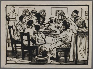 Tomemos una copa para celebrar el año nuevo, c.1945 (xilografía) de Chi Kwei Sung