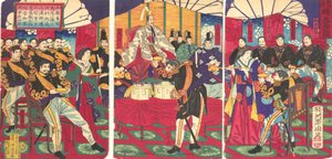 Ilustración de los Comandantes Honrados, Recibiendo la Copa de Regalo del Emperador Kunko..., septiembre, 1877 de Chikanobu Yoshu