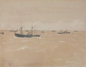 Vapores de fruta que se libran de un golpe, frente a la costa de España de Childe Frederick Hassam