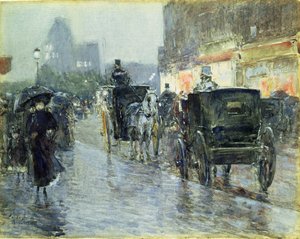 Horse Drawn Cabs at Evening, New York, c.1890 (acuarela y gouache sobre papel)
