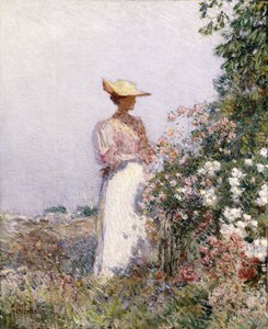 Dama en el jardín de flores de Childe Frederick Hassam