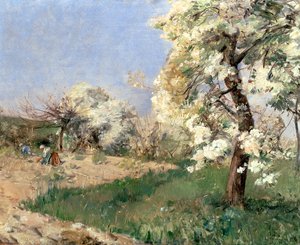 Flores de peral, Villiers-de-Bel (óleo sobre tabla) de Childe Frederick Hassam