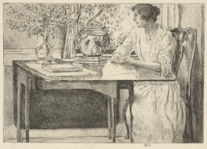 La Mesa Colonial (Holley House, Cos Cob) (anverso); paisaje con granero (verso) de Childe Hassam
