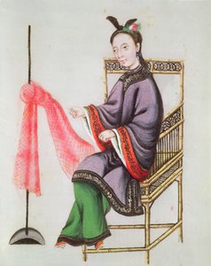 Una mujer china haciendo una red de pesca, período Qianlong (1736-96) de Chinese School