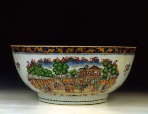 Un tazón de ponche famille rose "Londres", con una vista del Gran Paseo, Jardines de Vauxhall, c.1750-1800 de Chinese School