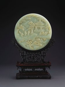 Una pantalla de mesa circular de jade blanco que representa a eruditos acercándose a un pabellón de Chinese School