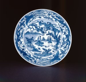 Plato azul y blanco pintado con un sabio y su asistente, marca y período Wanli, 1573-90
