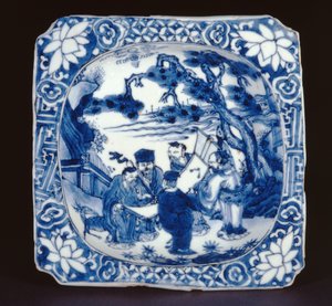 Plato cuadrado kosometsuke azul y blanco pintado con Shoulao y otros inmortales, Tianqi, 1621-27