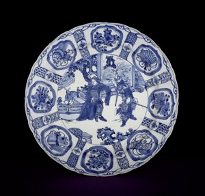 Plato kraak azul y blanco pintado con guerreros, Wanli, 1590-1610
