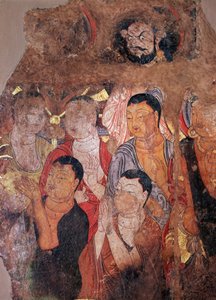 Budismo: ""Grupo de monjes y Bodhisattvas"" (o bodhisatta) (Bodhisattvas y monjes) Fragmento de fresco del siglo VIII procedente del monasterio chino de Shiksha. Dim. 144x101 cm Museo del Hermitage, San Petersburgo de Chinese School
