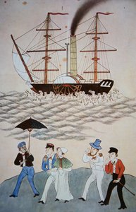 Pintura china del primer barco de vapor británico y pasajeros que desembarcaron en Cantón c.1840 de Chinese School
