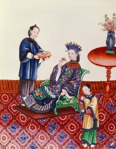 Dama china elegante oliendo una flor (gouache)