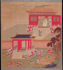 El Emperador Chin Wang Ti (r.221-210 a.C.) quemando todos los libros chinos y arrojando a los académicos a un barranco, de una historia de los emperadores chinos en 213 a.C. de Chinese School