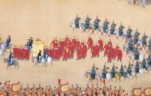 Revisión del emperador Qianlong del gran desfile de tropas, rollo de mano de Chinese School