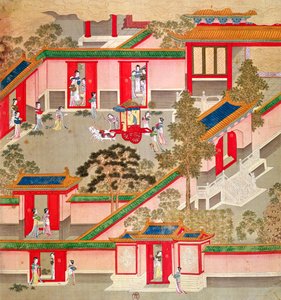 El Emperador Wu Ti (156-87, r.141-87 a.C.), saliendo de su palacio, de una historia de los emperadores chinos de Chinese School