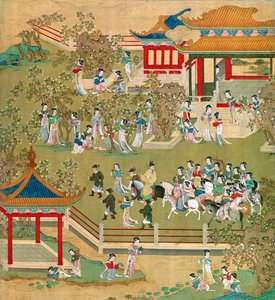 El Emperador Yang Ti (581-618) paseando en sus jardines con sus esposas, de una historia de los emperadores chinos