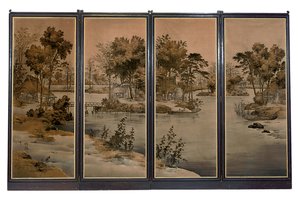 Biombo de cuatro paneles con paneles de terciopelo, tejido con un paisaje fluvial en tonos grisalla de Chinese School