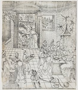 Lázaro en la casa del hombre rico, placa de Giulio Alenis Tianzhu jiangsheng zhuxiang jingjie (Una historia ilustrada del Señor del Cielo que se encarnó en la carne), Iglesia de Jinjiang, Fuji