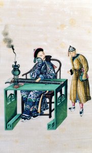 Hombre con una cítara larga en una mesa, con un sirviente de Chinese School