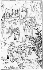 Extrayendo arcilla blanca, de una serie de ilustraciones de la fabricación de porcelana de Chinese School