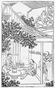 Moldeado y colocación en la rueda de alfarero, de una serie de ilustraciones sobre la fabricación de porcelana de Chinese School