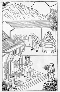 Apertura y cierre de hornos, de una serie de ilustraciones sobre la fabricación de porcelana de Chinese School