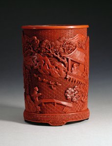 Pote de pincel rojo moldeado, que muestra al famoso calígrafo Wang Hsi-chih (c.307-365 d.C.) sentado en su retiro en el pabellón, mirando a los gansos en un estanque y un niño cruzando un puente, dinastía Ching, periodo Qianlong de Chinese School