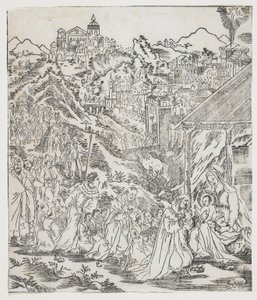 La adoración de Cristo, placa de Giulio Alenis Tianzhu jiangsheng zhuxiang jingjie (Una historia ilustrada del Señor del Cielo que se encarnó en la carne), Iglesia de Jinjiang, Provincia de Fujian