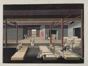 El Embalaje y Empaque de Tazones y Platos, lámina 12 de una serie de doce que representan el proceso de fabricación de porcelana china, siglo XIX de Chinese School