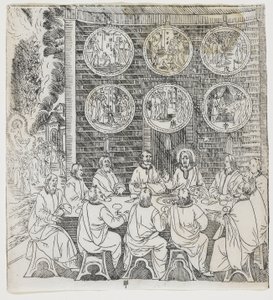 El Cristo resucitado aparece a sus discípulos, placa de Giulio Alenis Tianzhu jiangsheng zhuxiang jingjie (Una historia ilustrada del Señor del Cielo que se encarnó en la carne), Iglesia de Jinjiang de Chinese School