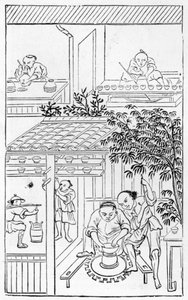 Torneado de cuencos, de una serie de ilustraciones sobre la fabricación de porcelana de Chinese School