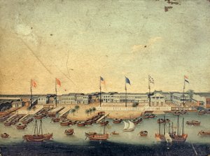 Vista de los Hongs en Cantón con las fábricas danesa, austriaca, americana, sueca, británica y holandesa