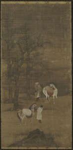 Paisaje invernal con caballos y mozos de cuadra, dinastía Ming o Qing