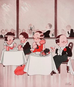 Town mice and country mice, Refined citizens vs unrefined countrymen, restaurant scene, dibujo de Chloe Preston (1887-1969) extraído de The Tatler, nº 1384, 4 de enero. de Chloe Preston