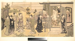 Una escena disfrazada de La historia de Genji (Fūryū Yatsushi Genji), capítulo 33, «Hojas de glicina (Fuji no uraba)» de Chobunsai Eishi