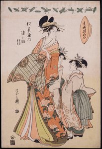Retrato de cuerpo entero de la cortesana Somenosuke acompañada por dos Kamuro de Chobunsai Eishi