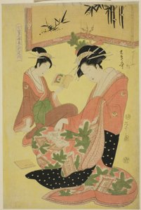 Bellezas parodiando a los siete sabios - Una selección de cortesanas jóvenes (Shichi kenjin yatsushi bijin shinzo zoroe): Tokiuta del Chojiya